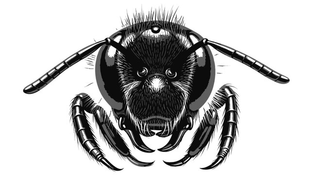 Close up illustration of an ants head with detailed features in black and white