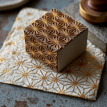 Traditional Japanese Edo Karakami woodblock printing process, close up of a hand-carved wooden stamp with golden geometric pattern on handmade washi paper, Tokyo heritage craft