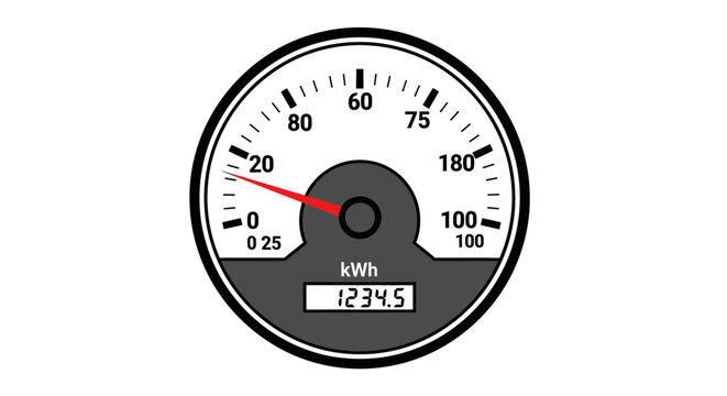 Energy consumption gauge graphic displaying kilowatt hours against a white background