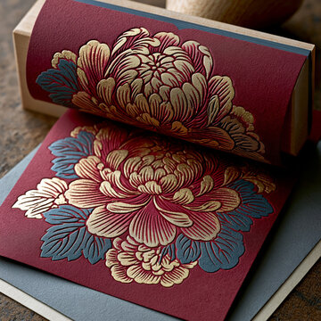 Luxury Edo Karakami paper with embossed golden peony pattern, traditional Japanese woodblock print on deep red washi paper, handmade craft from Tokyo