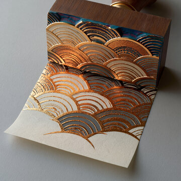 Close up of a woodblock stamp lifting from washi paper revealing a copper and gold fan pattern, traditional Edo Karakami printing process in Tokyo workshop