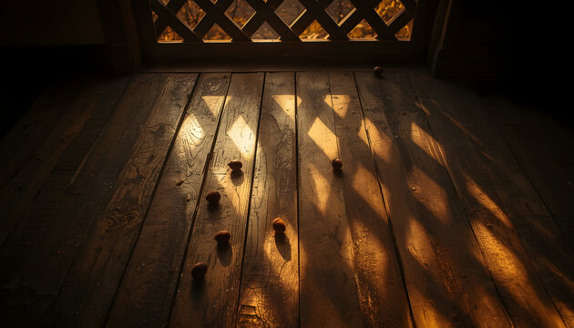 Dramatic shadows of a window on a rustic wooden floor with acorns in autumn light