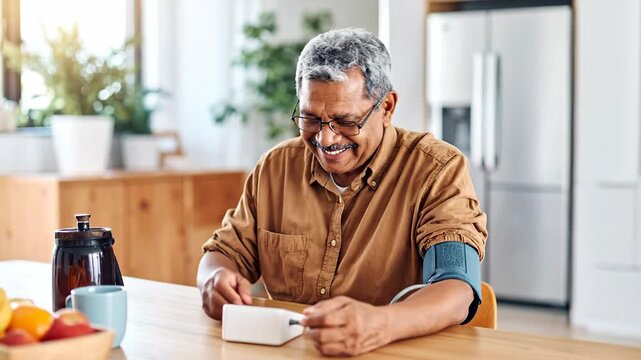 Man Checks Blood Pressure at Home With Digital Monitor