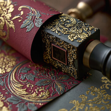 Close up of a traditional Japanese woodblock stamp and gold embossed floral pattern on dark red washi paper, artisan Edo Karakami craft from Tokyo workshop
