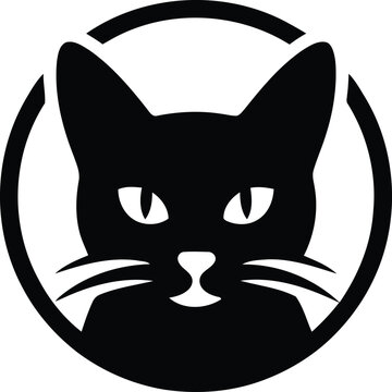 Bold, minimalist vector logo of a black cat head inside a circular badge. Clean geometric lines with sharp ears, whiskers