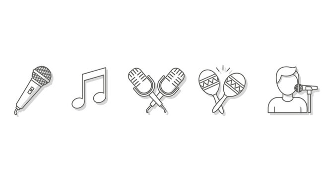 Music icons set microphone note crossed microphones maracas singer