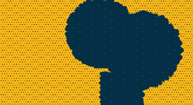 Pop art yellow halftone dotted background. dark blue organic blob silhouette, empty stylized speech bubble. for retro comic book layouts, creative text frames, vintage posters. stock vector.