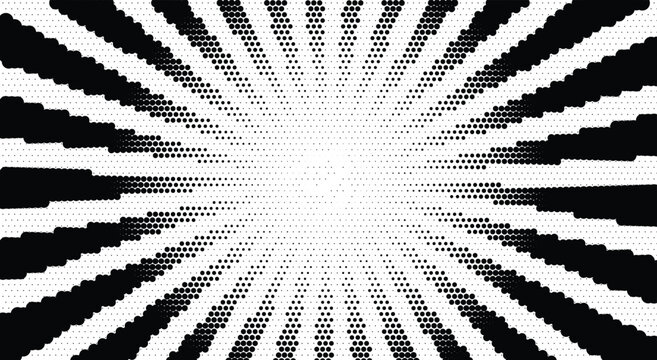 Retro black and white pixelated sunburst. jagged radial rays, 8-bit starburst beams, glowing center, halftone dots. for vintage comic book layouts, arcade game backgrounds. vector eps.