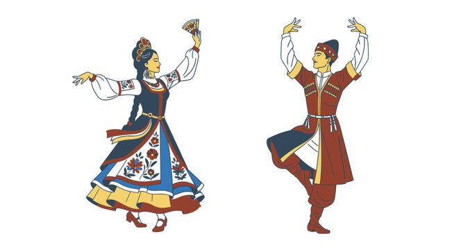 Traditional dancers in colorful costume performing on white background