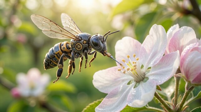 Detailed robotic bee with metal gears and circuitry pollinating a pink and white apple blossom in a garden