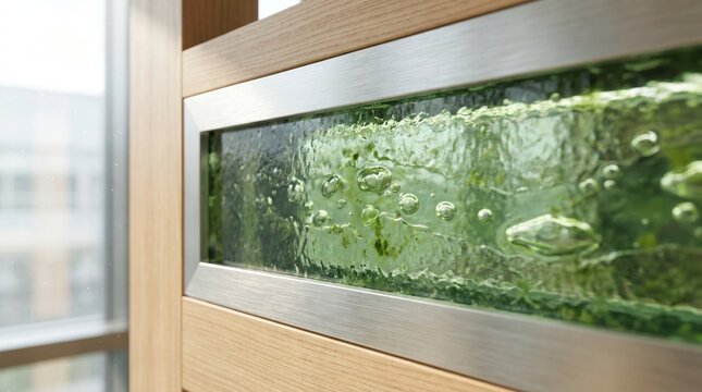 Modern interior architectural feature consisting of a glass panel filled with bubbling green algae water