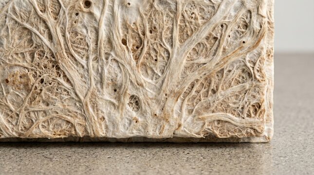 Extreme close up texture of an organic beige mycelium network block used for sustainable packaging materials