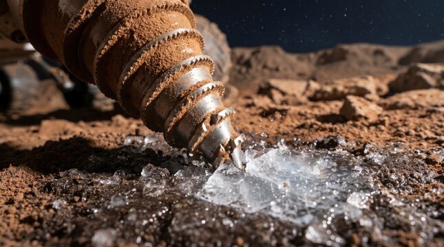 Heavy metallic drill bit boring into frozen red soil to extract water ice on the surface of Mars