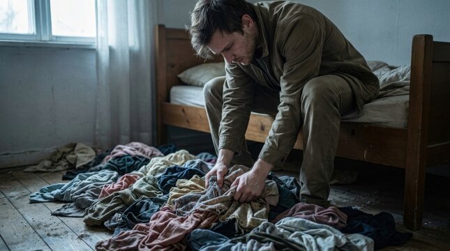 Fast Fashion textile waste crisis showing a man overwhelmed by a mountain of clothes in a messy bedroom
