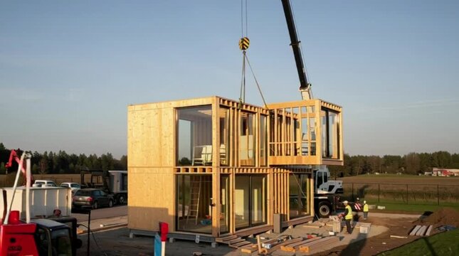 Crane lowering modular wooden house unit on construction site