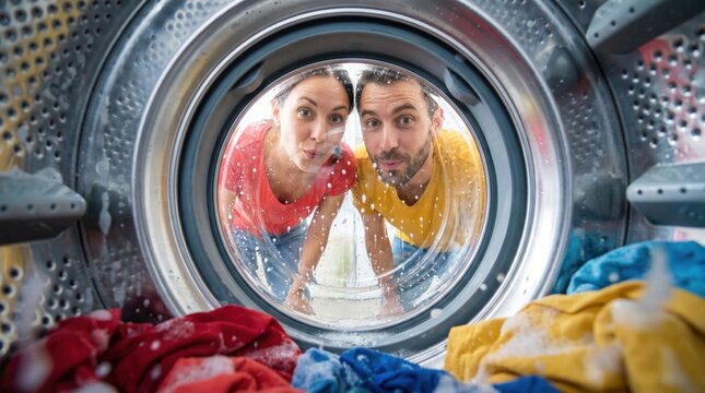 Couple looking inside washing machine while doing laundry