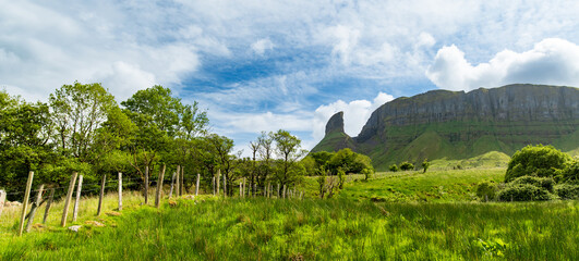 Obraz premium Eagle Rock towers above green fields and trees in County Sligo, Ireland, under bright broken clouds. A striking geological landmark in the Gleniff area.