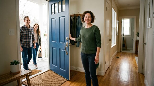 A woman stands inside her home opening a blue door to welcome a young couple. The atmosphere is warm and hospitable with friendly smiles. Ideal for real estate or hospitality marketing.