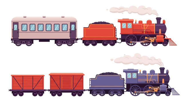 Vintage Train Sets, Locomotive Icons, Railway Transportation, Vector Illustrations