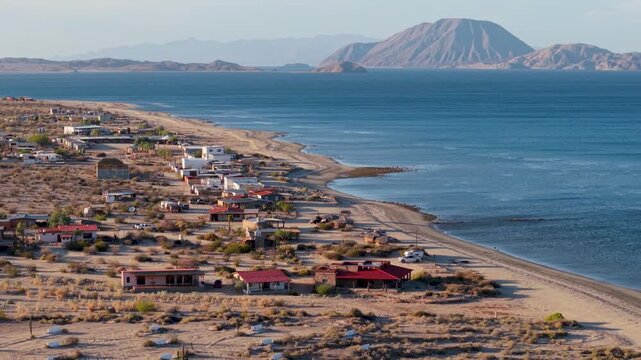 Catch aerial views of Bahia de Los Angeles in Baja California at late afternoon. See the coast and land formations from above.