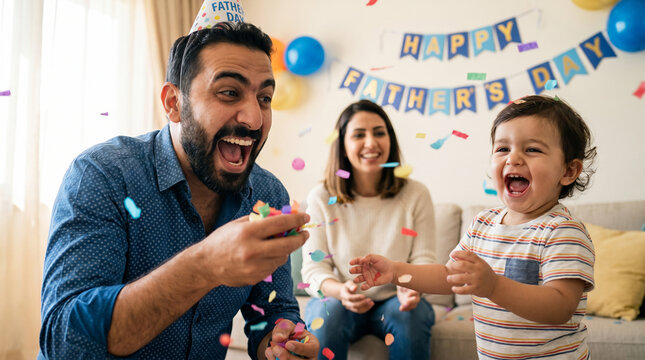 Father's Day celebration with Middle Eastern dad wearing party hat and toddler throwing confetti together expressing exaggerated excitement for holiday greeting designs and promotional content
