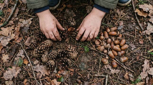 Child's dirty hands sorting pine cones and acorns on the ground. A peaceful moment of nature discovery and outdoor learning during autumn. Perfect for educational materials and parenting content.