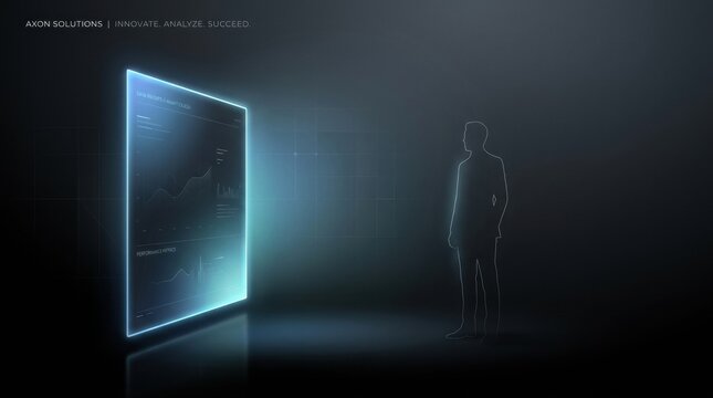 A person stands in front of an illuminated display showing data analytics in a dark space at Axion Solutions.