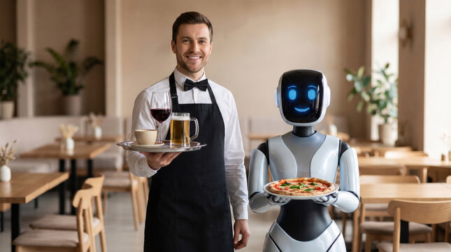 Waiter and robot serving food in restaurant, modern technologies concept