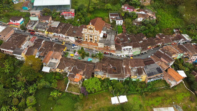 San Sebastian de Palmitas, Antioquia - Colombia. February 15, 2026. Panoramic drone view of the town's main church.