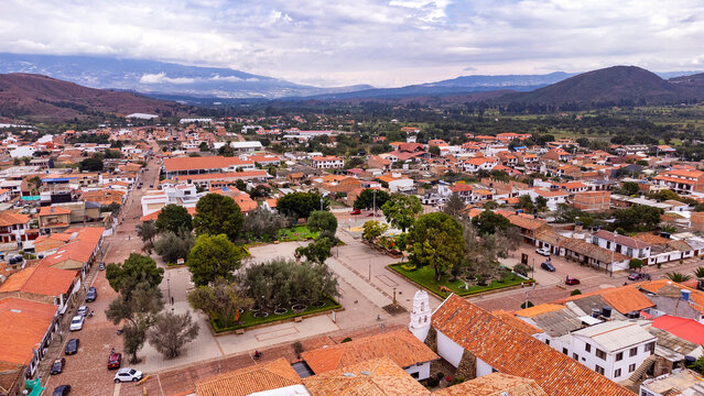 S&aacute;chica, Boyac&aacute; - Colombia. March 9, 2026. Aerial drone view of the municipality with 6,444 inhabitants.
