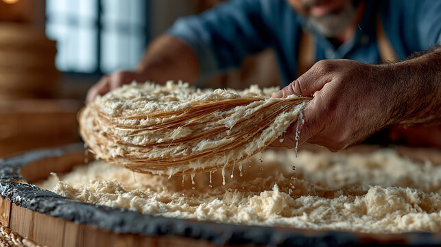 Close-up of artisan hands extracting wet mulberry fibers for Mino-washi papermaking, traditional Japanese craft from Gifu prefecture, authentic process with raw organic textures