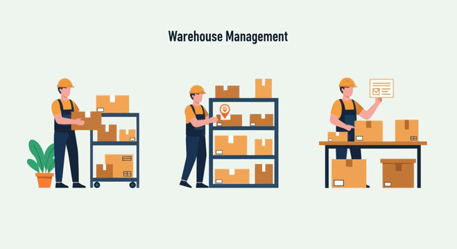 Warehouse management workers organizing and checking boxes on shelves and carts