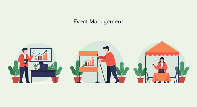 Event management concept with people working on charts and registration booth
