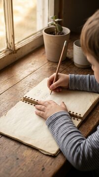 A young child writes words in a spiral notebook with a pencil at a wooden table. The scene is warm and focused. Ideal for educational content, early childhood development, or homeschooling.