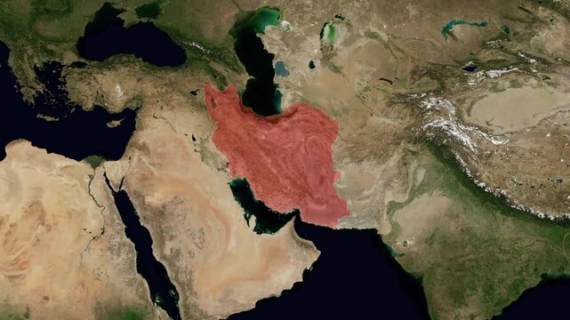 3D satellite map zooming in on highlighted red territory of Iran in Middle East region