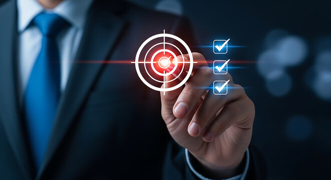 Close up of a businessman in a suit using a stylus pen to select a target on a digital holographic interface with check mark list display