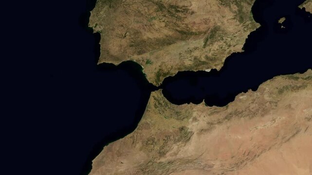 Satellite video of Strait of Gibraltar geography. Earth map zooming on the waterway connecting Atlantic Ocean to Mediterranean Sea.