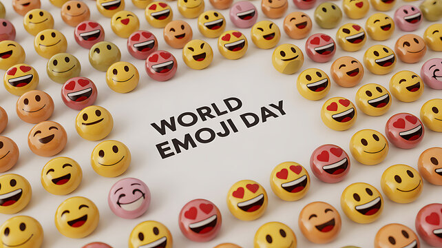 World Emoji Day celebration with colorful emoji faces arranged around text on a white background