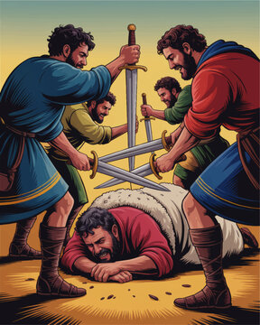 Biblical betrayal illustration of Joseph sold by his brothers, dramatic ancient Middle East scene with swords, violence and emotional conflict
