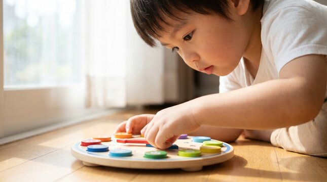 A young Asian boy focuses on a colorful wooden clock toy on a wooden floor. Montessori learning in a bright, natural setting. Ideal for parenting blogs and educational materials.