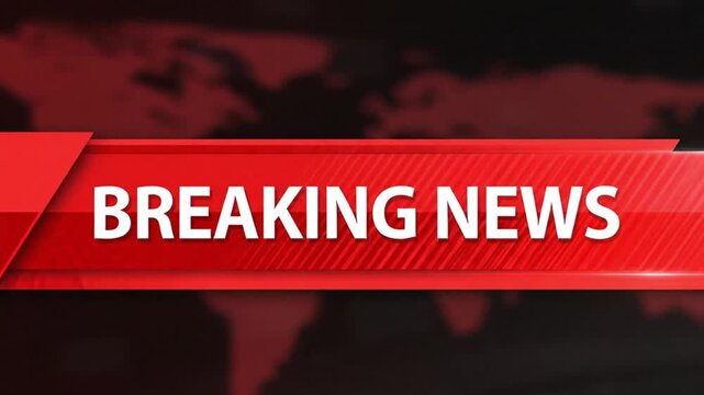 A dynamic red Breaking News graphic banner with bold white text, layered over a dark world-map background.