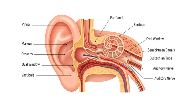Anatomical illustration of the human ear structure showing the outer, middle, and inner ear components