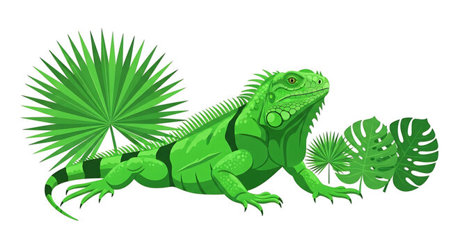 Green iguana lizard with tropical palm leaves