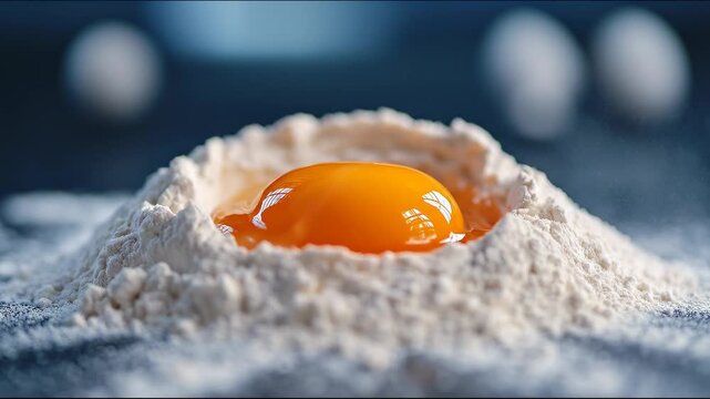 Egg yolk resting in flour for baking dough, showing preparation for baking 