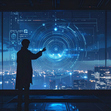 Futuristic digital interface manipulation in a high tech office.