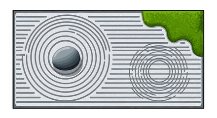 Fototapeta premium Zen garden with raked sand, a smooth stone, and mossy patch, top view