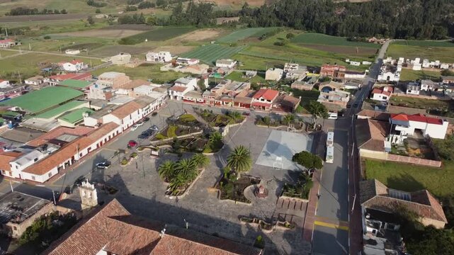 Sora, Boyaca - Colombia. March 5, 2026. Panoramic drone view of the town's main church.