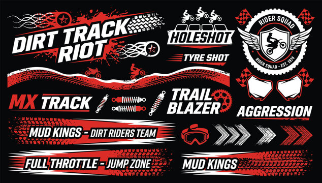 Dirt Track Motocross Racing Graphic Bundle Mud Kings Rider Squad Badge Banner Tyre Shock Absorber Red Black Extreme Sport Set