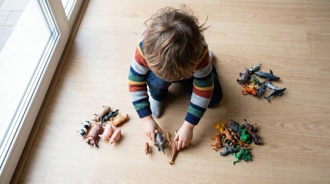 A young child sits on a wooden floor organizing plastic animal figurines. This Montessori style activity encourages cognitive development and focus. Perfect for parenting or education content.