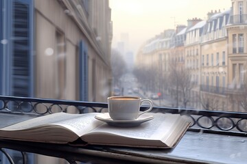 Obraz premium Cup of coffee on an open book placed on a balcony sill overlooking a city street. Cozy morning atmosphere with literary relaxation and urban view. Concept of leisure and study time.